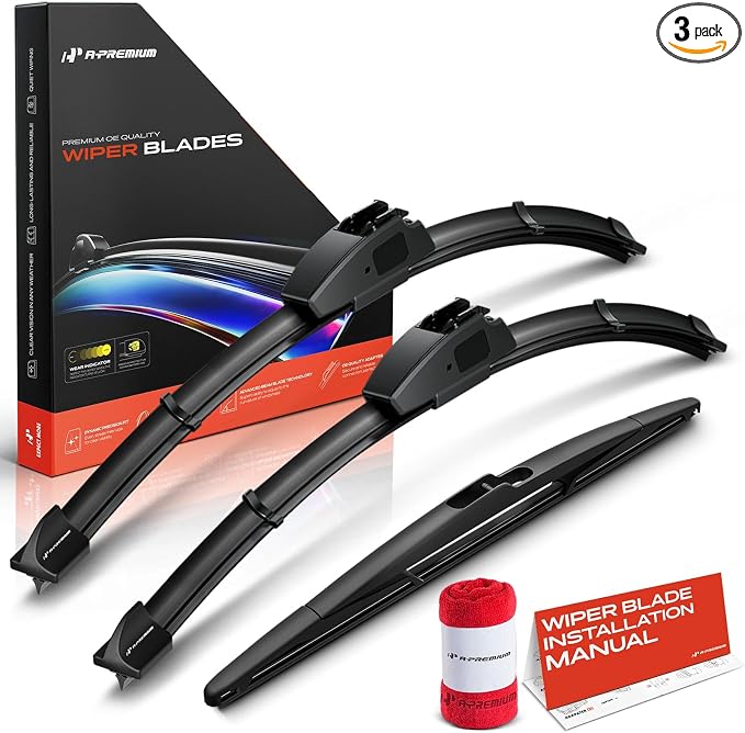 A-Premium 15"+15"+14" Windshield Wiper Blades with Wear Indicator & Towel | Compatible with Jeep Wrangler JK 2007-2017, Front Rear Wipers Blade Set for Hook/Snap Claw Arm Connector, Pack of 3