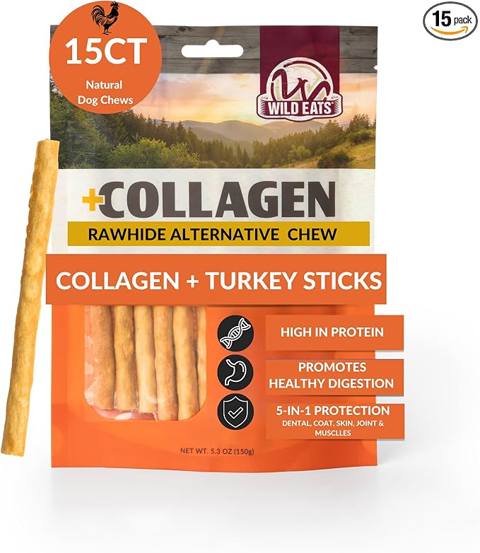 Turkey Collagen Sticks for Dogs (15 Pack, 1 cm Wide) Long Lasting Dog Chews No Hide Dog Treat Bully Stick Alternative, Rawhide Free, Grain Free, High Protein