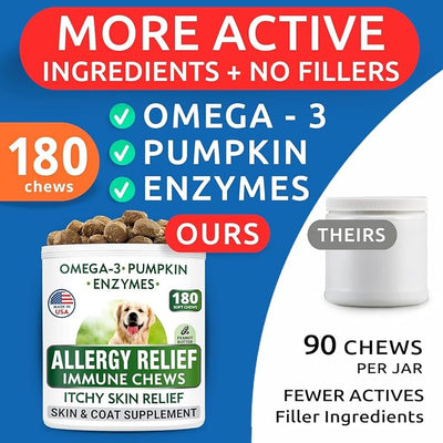 BARK&SPARK Dog Allergy Relief Soft Chews for Skin Health & Seasonal Allergies - Anti-Itch Supplement w/Omega-3, Quercetin & Bromelain Immune Treats for Dry Skin & Hot Spots - Peanut Butter - 180ct
