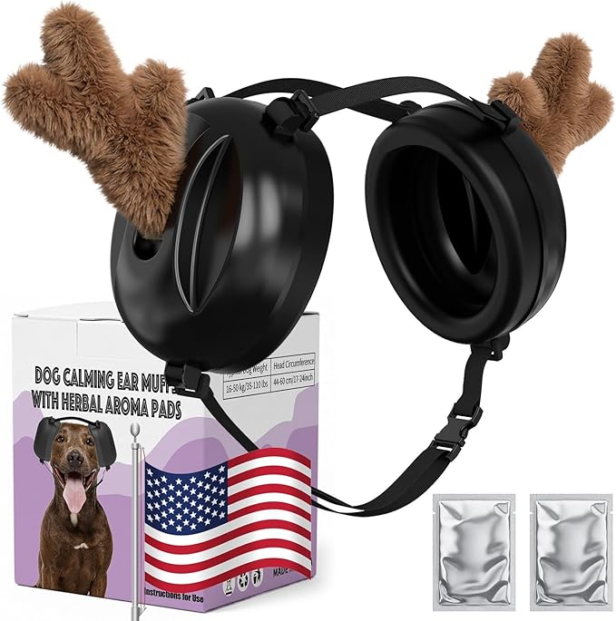 Dog Noise Cancelling Ear Muffs, Dog Ear Muffs for Fireworks with 2 Pairs Calming Pads & Antlers, Sound Proof for Noise Anxiety Thunder, Pet Hearing Protection Gift for Medium Large Dogs