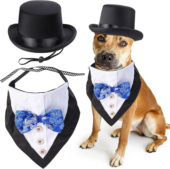 Yewong 2 Pieces Pet Formal Accessories Set - Pet Top Hat with Formal Pet Tuxedo Bandana Collar Birthday Party Gradation Halloween Costumes Accessories for Dog Cat (Set-C) One Size