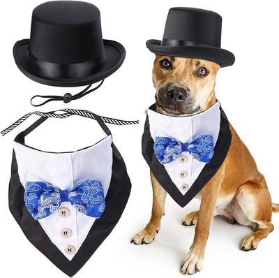 Yewong 2 Pieces Pet Formal Accessories Set - Pet Top Hat with Formal Pet Tuxedo Bandana Collar Birthday Party Gradation Halloween Costumes Accessories for Dog Cat (Set-C) One Size