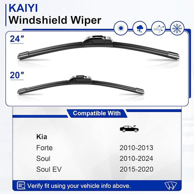 KAIYI 24" + 20" Windshield Wipers Compatible with Kia Forte 2010-2013,Soul 2010-2024,Soul EV 2015-2020 Premium Automotive Replacement Windshield Wiper Blades 2 Pack