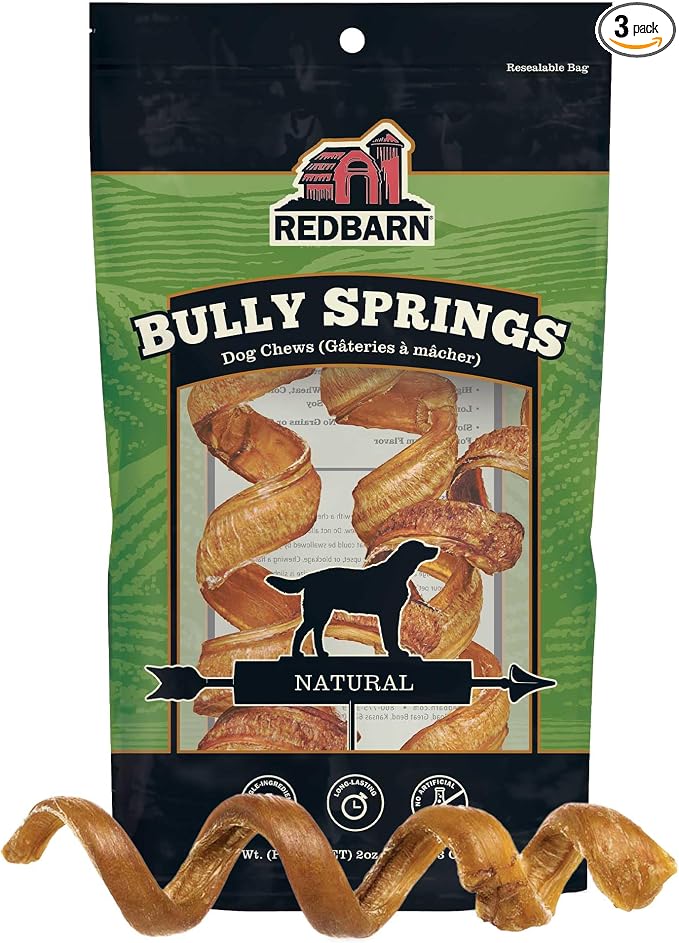 Bully Spring Dog Chews 4"-6" 3-Count- 100% Natural Single Ingredient Beef Pizzle Spiral Sticks for Medium to Large Dogs - Rawhide Free Long Lasting Dental Chews