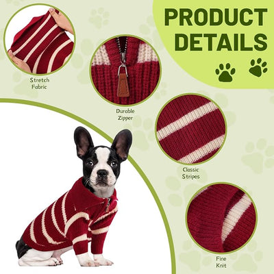 Small Dog Sweater with Zipper, Knitted Striped Pullover Dog Clothes for Cold Weather, Thick Warm Cozy Stretchy Sweater for Chihuahua, Bulldog, Dachshund, Pug(Red & White Strip, L)