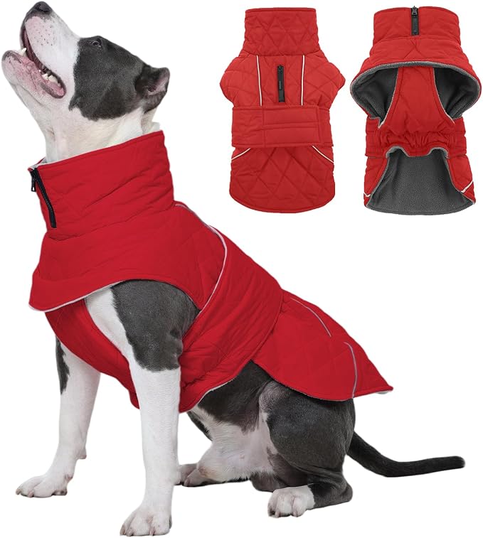 Dog Winter Coat Waterproof Dog Snow Jacket, Warm Fleece Lined Pet Turtleneck Snowsuit Puppy Cold Weather Coats with Harness Hole, Adjustable Winter Vest for Medium Large Dogs, Red, L