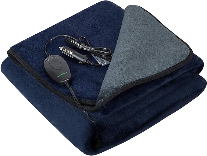 Machine Washable Electric Heated Blanket,12Volt Car Travel Blanket with Hi/M/Lo Heating 30/45/60 mins Auto-Off Timer,Warm for Truck/SUV/Van Driving(55.1"x39.4")(Navy Blue and Grey)