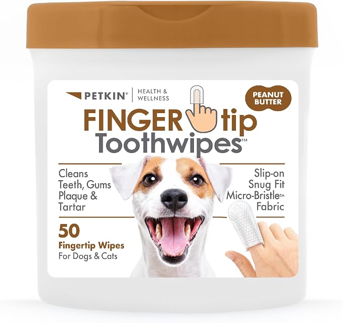 Fingertip Tooth Wipes for Dogs and Cats, 50 Finger Wipes - Slip-On, Snug Fit, Micro-Bristle Fabric - Cleans Teeth, Gums, Plaque & Tartar - Convenient, Ideal for Home and Travel - Peanut Butter
