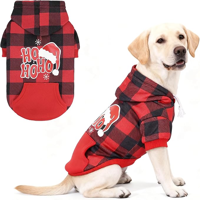 Christmas Dog Hoodie, Red Plaid Pet Sweater, Hat Hooded Sweatshirt Dog Clothes for Small Medium Large Dogs Boys Girls, Soft Warm Winter Cold Weather Coat with Leash Hole&Pocket, Santa, L