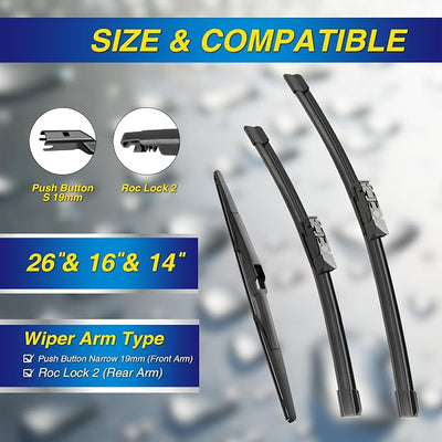 5 PLUS® Silicone Windshield Wipers Replacement for 2016 2017 2018 2019 2020 2021 2022 2023 Toyota CHR Wiper Blades(Set of 3),Automotive Replacement Windshield Wiper Blades For My Car-26"/16"/14"