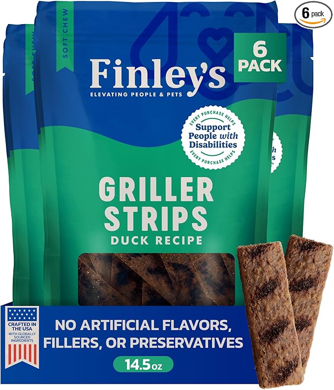 Finley's Duck Griller Strips for Dogs, Jerky-Style Dog Treats with Real Ingredients for All Breeds and Sizes, 14.5oz, 6 Pack