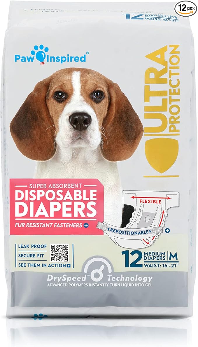 Paw Inspired Disposable Dog Diapers | Female Dog Diapers Ultra Protection | Diapers for Dogs in Heat, Excitable Urination, or Incontinence (12 Count, Medium)