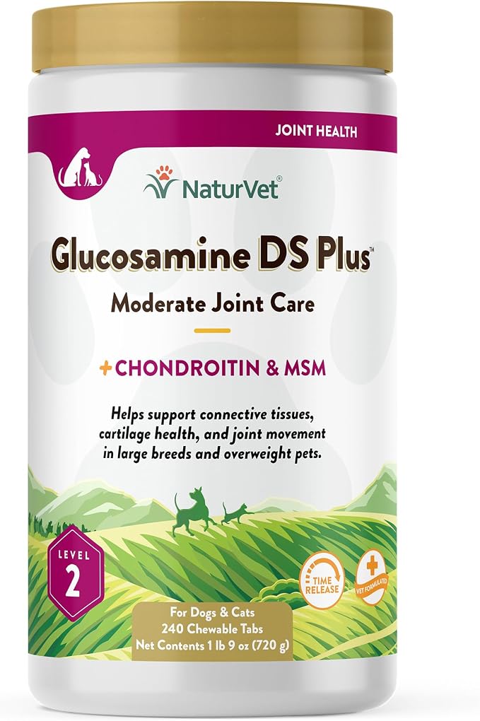 Glucosamine DS Plus Level 2 Moderate Care Joint Support Supplement for Dogs and Cats, Chewable Tablets Time Release, Made in The USA, 240 Count