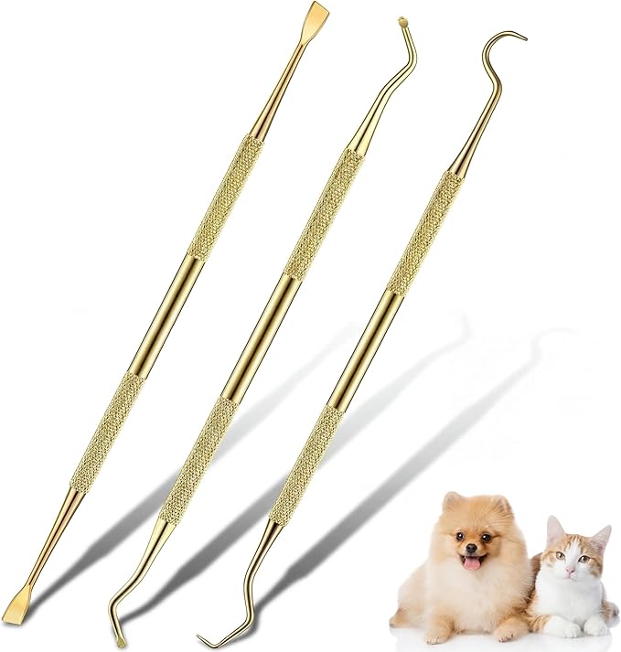 3 Pieces Dog Dental Tooth Scaler and Scraper Stainless Double Headed Tarter Removing Tool Scraper Pet Teeth Cleaning Tools for Dog and Cat(Gold)