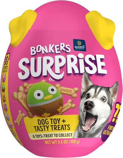 Bonkers Surprise Blind Box Collectible Plush Dog Toy with Chicken Flavored Biscuit Crunchy Treats for Dogs, 3.5 oz