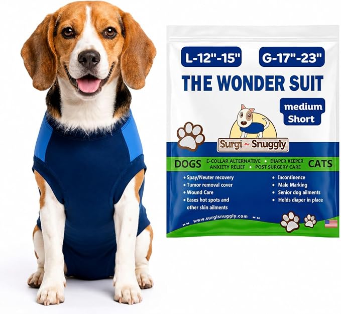 Surgi Snuggly Dog Surgery Recovery Suit - Dog Onesie for Post Surgery Recovery, Female Spay & Male Neuter - Surgical Suit for Dogs, E-Collar Cone Alternative, Double Blue - Medium Short - 12"-15" (EC)