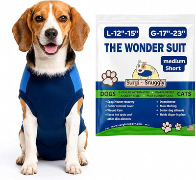 Surgi Snuggly Dog Surgery Recovery Suit - Dog Onesie for Post Surgery Recovery, Female Spay & Male Neuter - Surgical Suit for Dogs, E-Collar Cone Alternative, Double Blue - Medium Short - 12"-15" (EC)