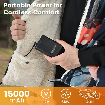 WOOMER Wearable Heated Blanket Battery Operated 50x70 Inches, 15000mAh Cordless Rechargeable Electric Throw Blanket with 3 Heat Settings, Waterproof Portable Heating Blanket for Outdoor Camping Travel