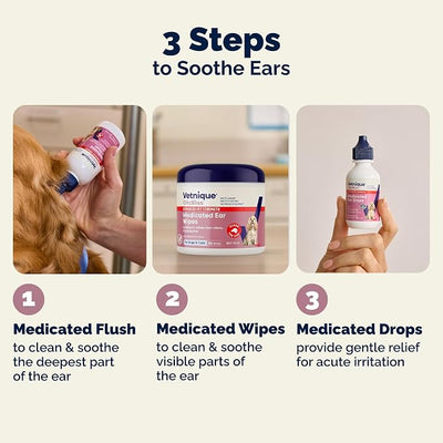 Vetnique Oticbliss Medicated Dog Ear Wipes, Dog & Cat Ear Cleaner Yeast, & Ear Infection Treatment with Hydrocortisone, Antibacterial & Antifungal for Itchy Ears (Medicated Ear Wipes)