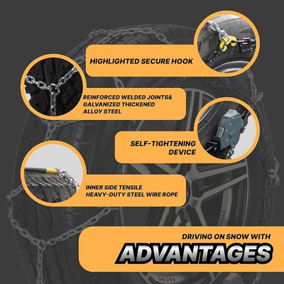 Auto Fixing Snow Chains for Car Tires, Tire Chains for Passenger Cars, Sedan, SUVs, Quick Fit & Easy Installation Snow Tire Chains, Portable Reusable Emergency Tire Traction Chain, Set of 2 (HPK-1555)