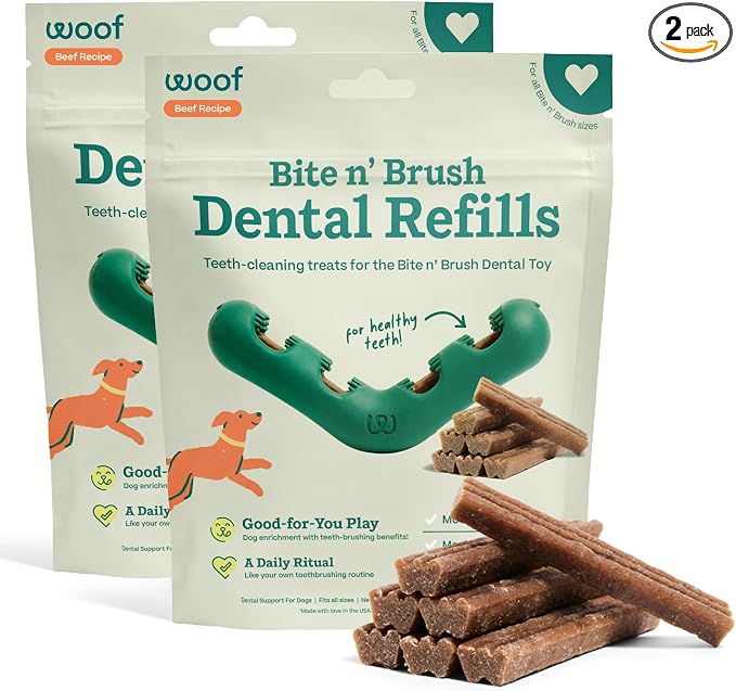 WOOF - Bite n' Brush Refills Treats for the Dog Toothbrush Toy - Scrub Plaque and Tartar from Your Dog's Teeth and Mouth - Dog Dental Sticks - 36 Refills - Beef - 2 Pack