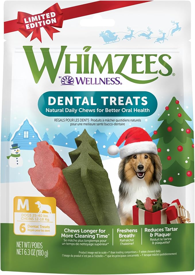 Holiday Natural Dog Dental Treat, Christmas Winter Seasonal Gift, Chews, Freshens Breath, Medium Size, 6.3 oz Bag, 6 Count