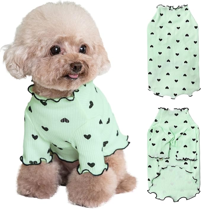 Pet Clothes for Small Dogs Cat Summer Fall Heart Print Shirt Stretchable Ruffle Long Sleeve Outfits for Chihuahua Schnauzer Shih Tzu Yorkie (Green, X-Small)