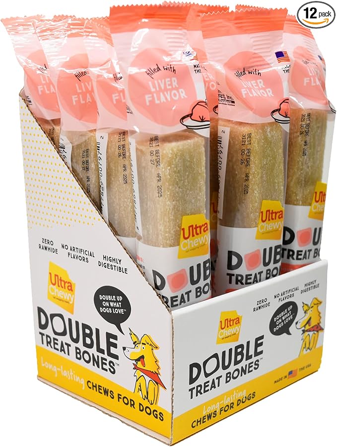 Ultra Chewy Liver Double Treat Bones: Long-Lasting Dog Treats Made in USA for Large and Small Breeds, Highly Digestible, Ideal for Aggressive Chewers (12 Count)