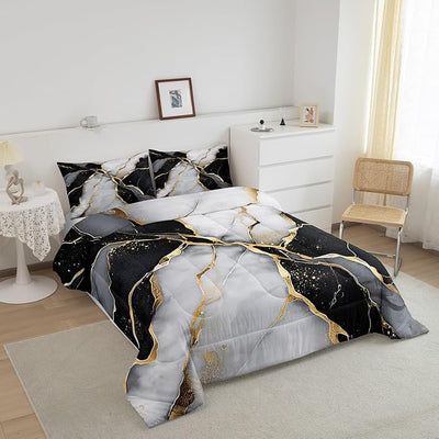 Black Marble Comforter Set,Gold Metallic Marble Down Comforter for Kids Boys Teens Adult, Black Gold Abstract Marble Texture Bedding Set Full Size, Boho Hippie Duvet Sets with 2 Pillow Cases