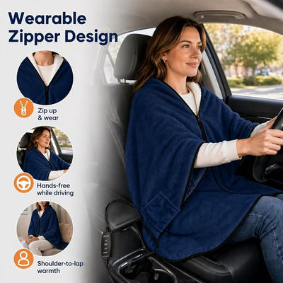 Sojoy 12V Heated Car Blanket with Zipper Wearable Design, Flannel Sherpa Electric Blanket for Car Truck SUV RV Van, Portable Heated Shawl, Navy Blue