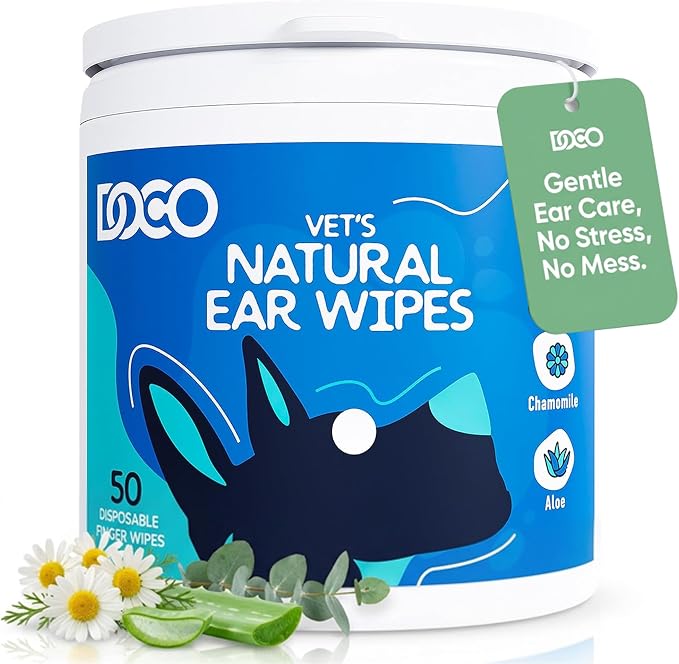 Dog Ear Cleaning Wipes (50 Count) | Finger Ear Wipes for Dogs & Cats with Eucalyptus, Chamomile & Aloe | Gently Clean, Itchy Ears, Soothes & Deodorizes