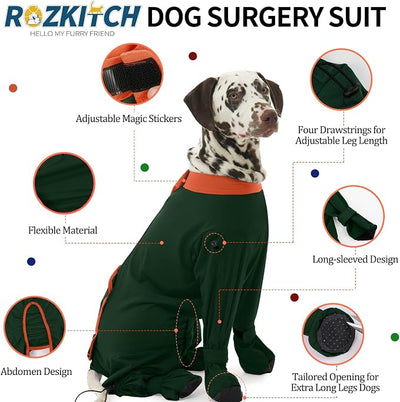 ROZKITCH Dog Surgical Recovery Suit with Feet Covered, Long Sleeve for Post-Operative Wounds, Prevent Licking & Shedding, E-Collar Alternative for Large Dogs (Male/Female) 4-Leg Green XL