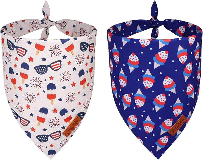 PTDECOR American Flag Dog Bandana Ice Cream Flag Patterns, 4th of July Pet Scarf, Reversible Triangle Patriotic Bandanas for Medium Large Dogs Pets (Large)