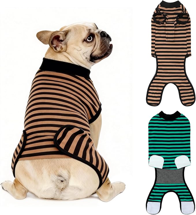 2 Packs Breathable Cotton Dog Recovery Suit for After Neuter Spay Abdominal Wounds Protector, Professional Anti-Licking Onesies for Male Female Pets Surgery Bandages, M Striped Yellow Green
