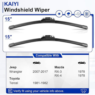 KAIYI 15" + 15" Windshield Wipers Compatible with Jeep Wrangler 2007-2017,Toyota Tercel 1981-1982,Mazda RX-3/RX-4 1978 Premium Automotive Replacement Windshield Wiper Blades 2 Pack