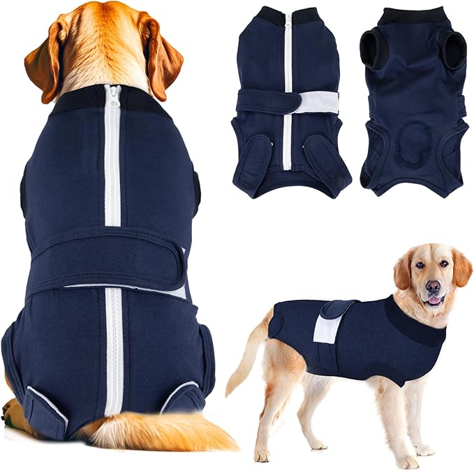 Dog Surgery Recovery Suit - Zipper On Dog Onesies After Surgery for Female Male Dogs, Abdominal Wounds Bandages Cone/E-Collar Alternative Dogs Body Suit Anti-Licking(Dark Blue,L)
