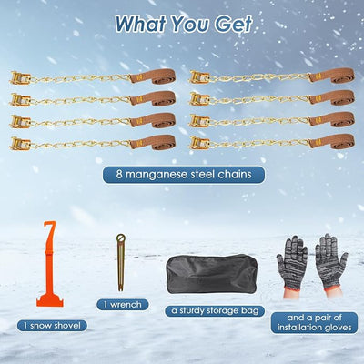 Snow Chains, 8 Packs Anti Slip Tire Chains, Pickup, Truck & SUV, Adjustable Thickening Reusable Anti-Slip Traction Tire Chains - Emergency Use in Snow, Ice, Sand and Mud (Fits 165-285mm Tires)