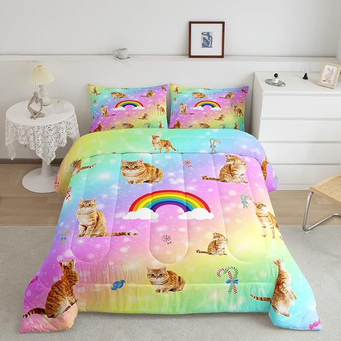 Erosebridal Cat Comforter Set, Starry Sky Bedding Set Queen for Girls Kids Boys Bedroom Decor, Rainbow Galaxy Down Comforter, Soft Breathable Microfiber Quilted Comforter with 2 Matching Pillowcases