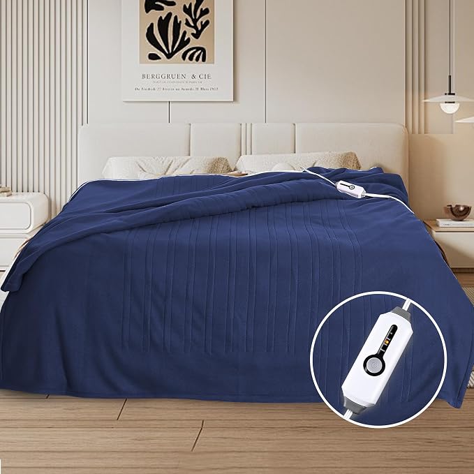 Eydna Electric Heated Blanket Twin Size 62"x84", Fast Heating Throw, Soft Fleece for Bed & Sofa, 10 Hours Auto Off & 4 Heating Levels, Machine Washable, Gifts for Grandma & Family-Dark Blue