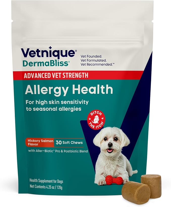 Dermabliss Dog Allergy Chews Advanced Strength for Itch & Skin Relief, Anti-Itch Supplement with Aller-Biotic Pro, Quercetin, Wellmune & Omega 3 (30ct, Advanced Strength Chews)