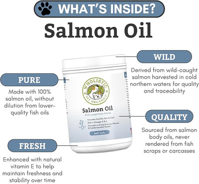 Wholistic Pet Organics Salmon Oil: Deep Sea Wild Alaskan Salmon Oil for Dogs - Omega 3 Dog Fish Oil with EPA and DHA for Skin, Coat, Heart and Nervous System Health (500 Capsules)