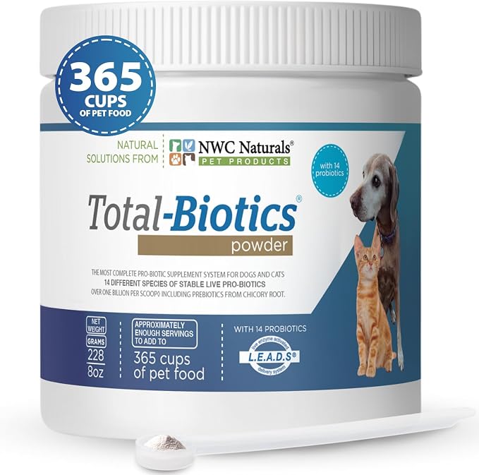 Total-Biotics, Cat & Dog Probiotics for Digestive Health with Prebiotic, Unflavored Probiotic for Dogs & Cats, Supplement for Gut, Skin, Coat, Upset Stomach Relief, 365 Servings, 8 Ounces