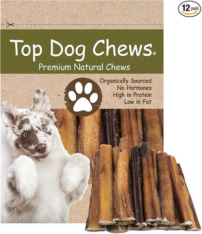 Top Dog Chews - Thick 6 Inch Bully Sticks, 100% Natural Beef, Free Range, Grass Fed, High Protein, Supports Dental Health & Easily Digestible, Dog Treat, (6", 12 Pack)