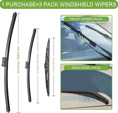 PARRATI® Windshield Wiper Blades for Chevy Equinox 2010-2017, 3 Pack | 24/17 Inch Front +13 Inch Rear, OEM Replacement, Ultra Quiet, No Streaks All Weather Wiping