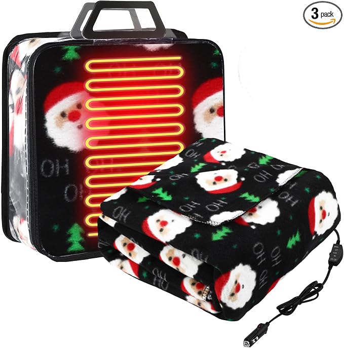 Tuanse 58 x 43 Inches 12 Volt Heated Car Blanket Plug in Portable Car Electric Blanket with Cigarette Lighter, Temperature Controller and Storage Bag for Rv Truck Traveling(Black,Santa Claus)
