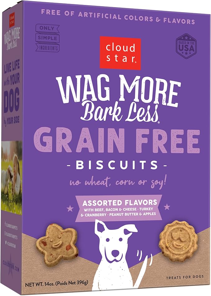 Wag More Bark Less - Dog Treats - Crunchy Biscuits - Grain Free Assorted Flavors - 14 oz Box