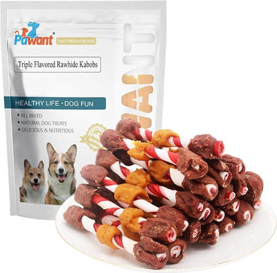Triple Flavored Dog Kabobs, Rawhide Chews with Chicken Beef and Liver, High Protein 52% Puppy Training Snacks, 16 Ounces