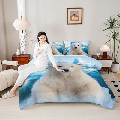 Erosebridal Polar Bear Comforter Set, Iceberg Pattern Duvet Sets Queen Size for Kids Boys Girls Teens Adult, Arctic Scenery Bedding Set, Cute Animal Quilted Duvet Bedroom Decor, Blue White