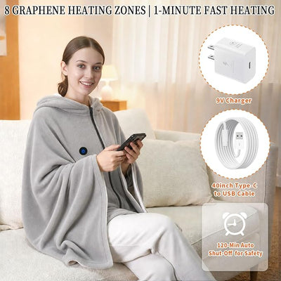 Gray USB Heated Hoodie Throw Blanket, Type-C Heated Wearable Blanket for Neck & Shoulder Warmth, Electric Soft Hooded Shawl with 1 Heat Level, Winter Gift for Women Travel Camping Bed