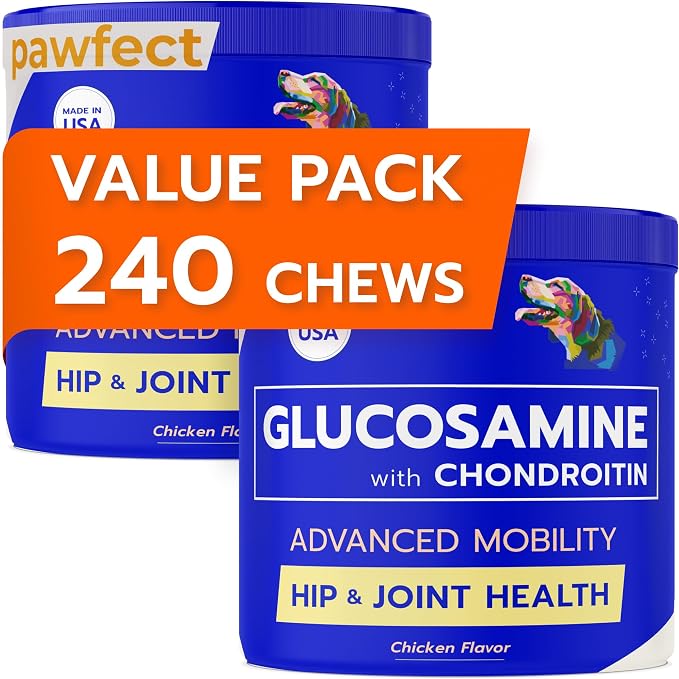 Pawfect Mobility - Glucosamine Treats for Dogs - Hip & Joint Health Supplement Chews w/Omega-3, Chondroitin, MSM - Made in USA - Joint Pain Relief - Hip & Joint Care - 240ct (Pack of 2)
